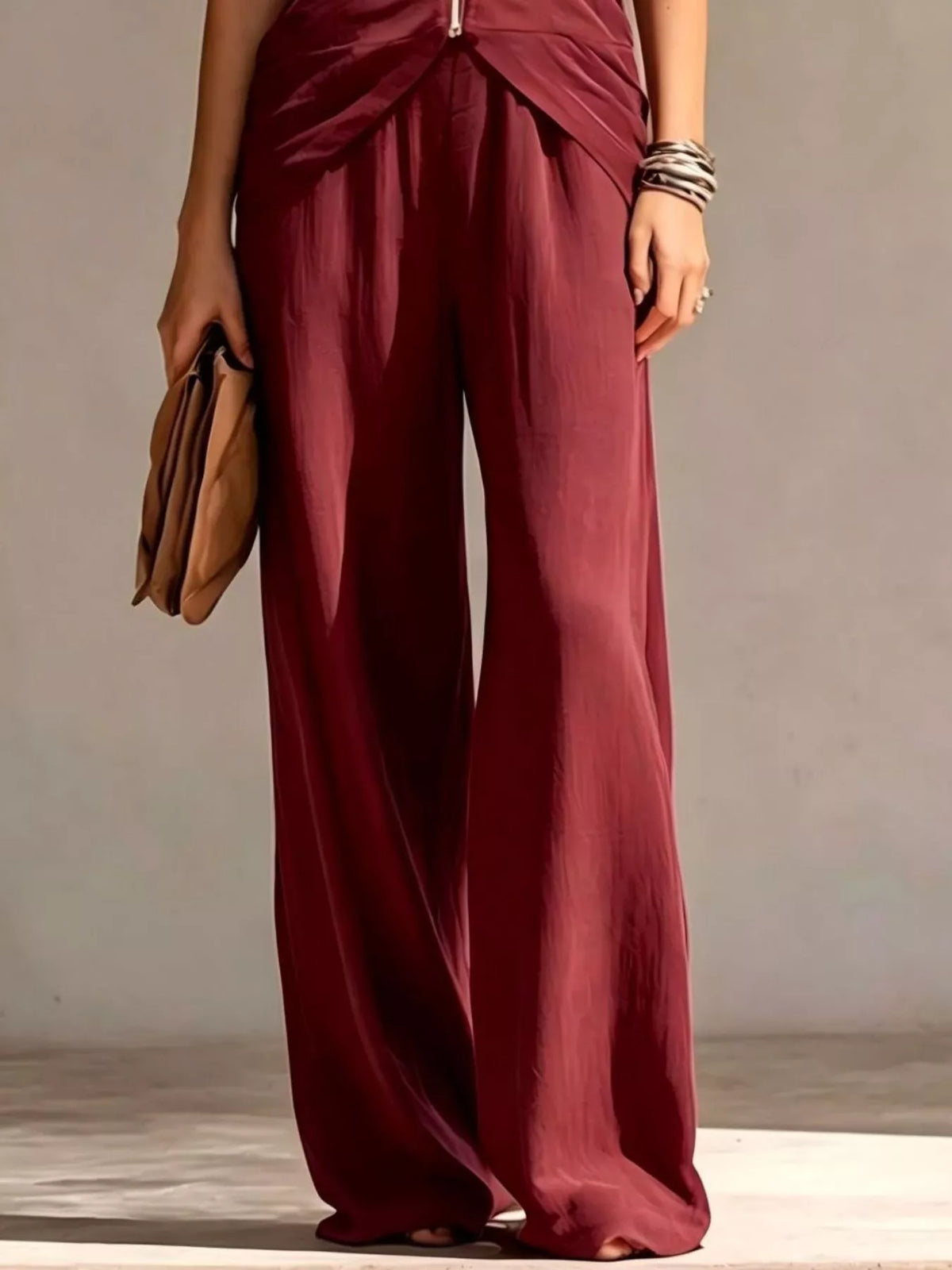 Full Size Zipper Front Tank and Wide-Leg Pants Set Plus Size - Red - View 3