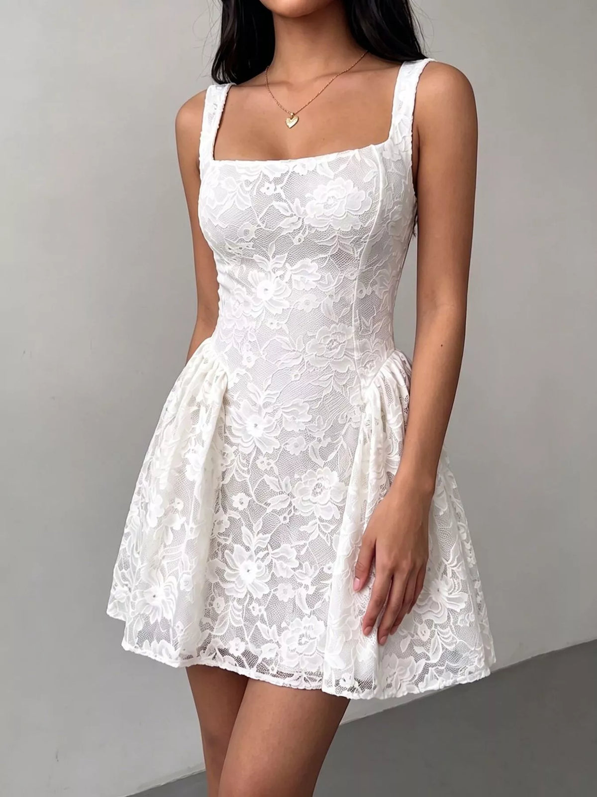 Floral Lace Square Neck Mini Dress - White - View 2