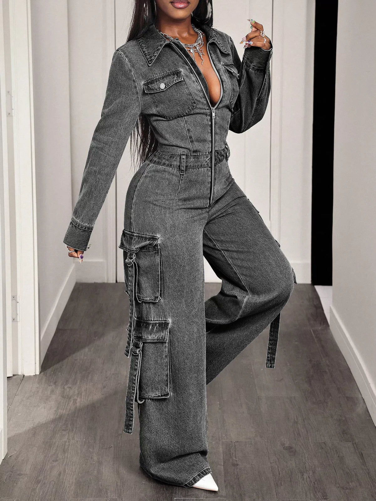Zip Front Wide Leg Cargo Denim Jumpsuit - Gray - View 3