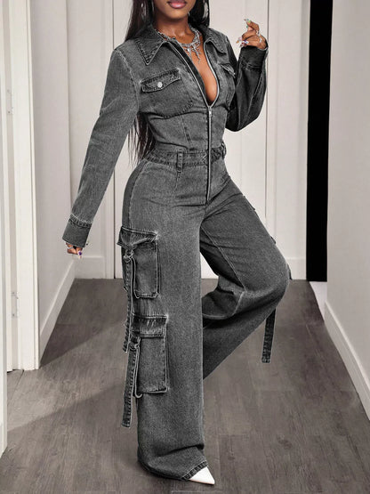 Zip Front Wide Leg Cargo Denim Jumpsuit - Gray - View 3
