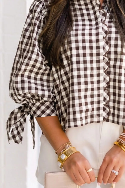 Gingham Scalloped Trim Tie Sleeve Shirt - Brown - View 3