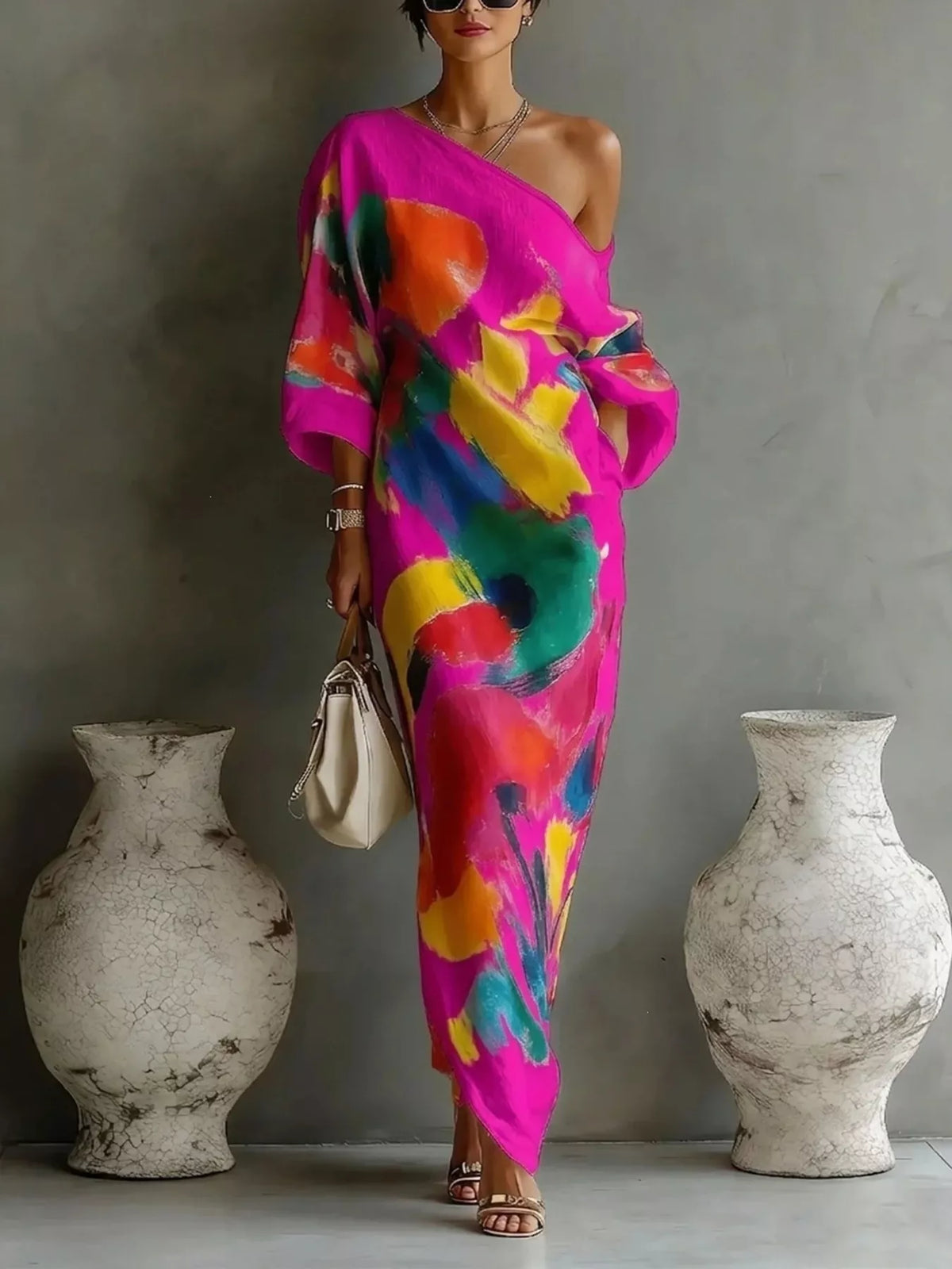 Full Size One-Shoulder Abstract Print Loose Fit Maxi Dress Plus Size - Fuchsia Pink - Original supplier view 3