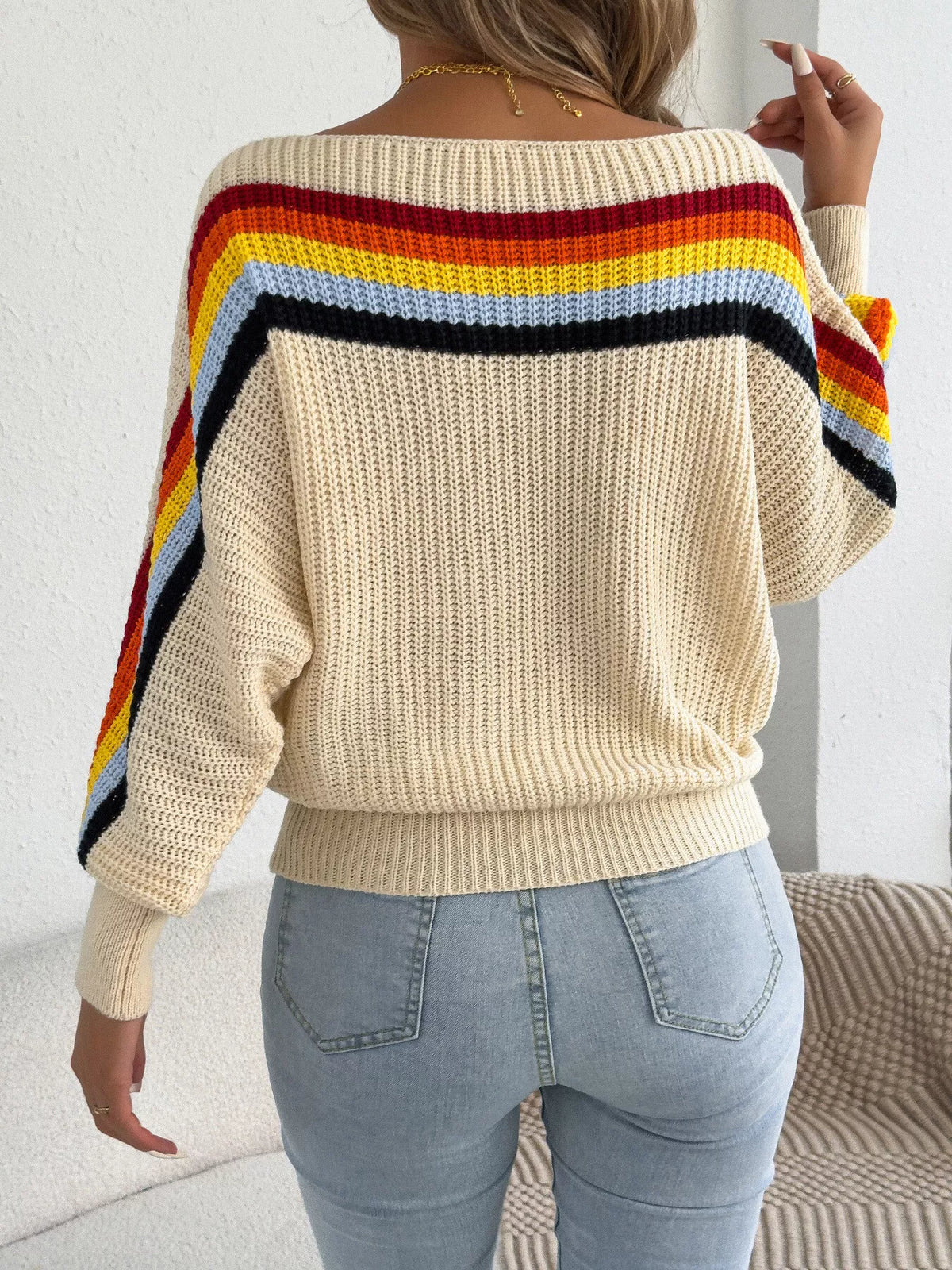Striped Knit Boat Neck Sweater - Beige - View 3