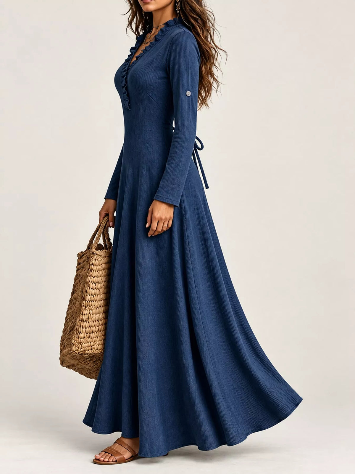 Full Size Frill Roll-Up Sleeve Maxi Dress Plus Size - Dark Blue - View 28