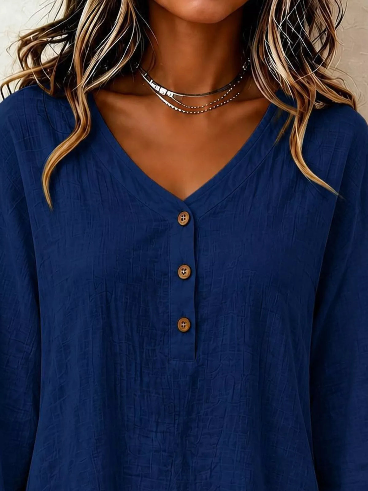 V-Neck Long Sleeve Button Detail Ruffled Hem Blouse - Navy - View 2