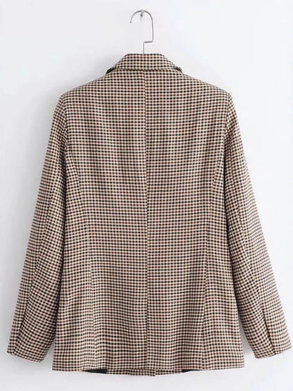 Plaid Lapel Collar Long Sleeve Blazer - Khaki - View 3