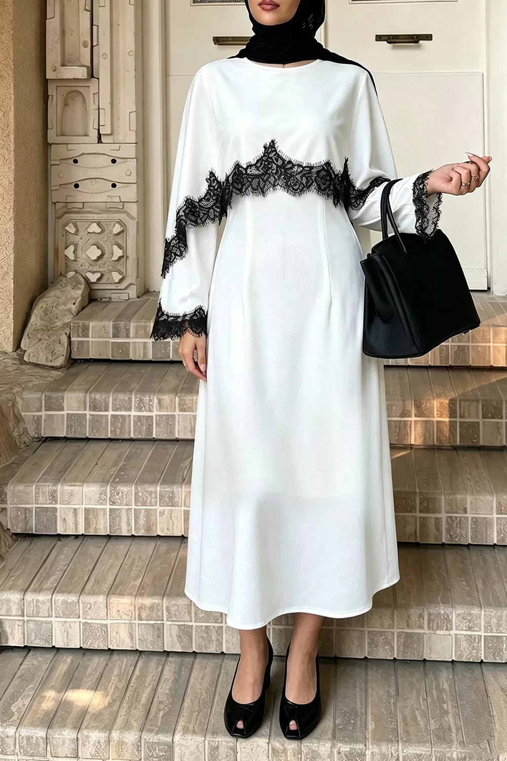 Lace Trim Round Neck Midi Dress - White - View 3