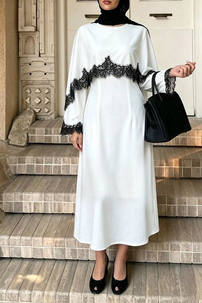 Lace Trim Round Neck Midi Dress - White - View 3
