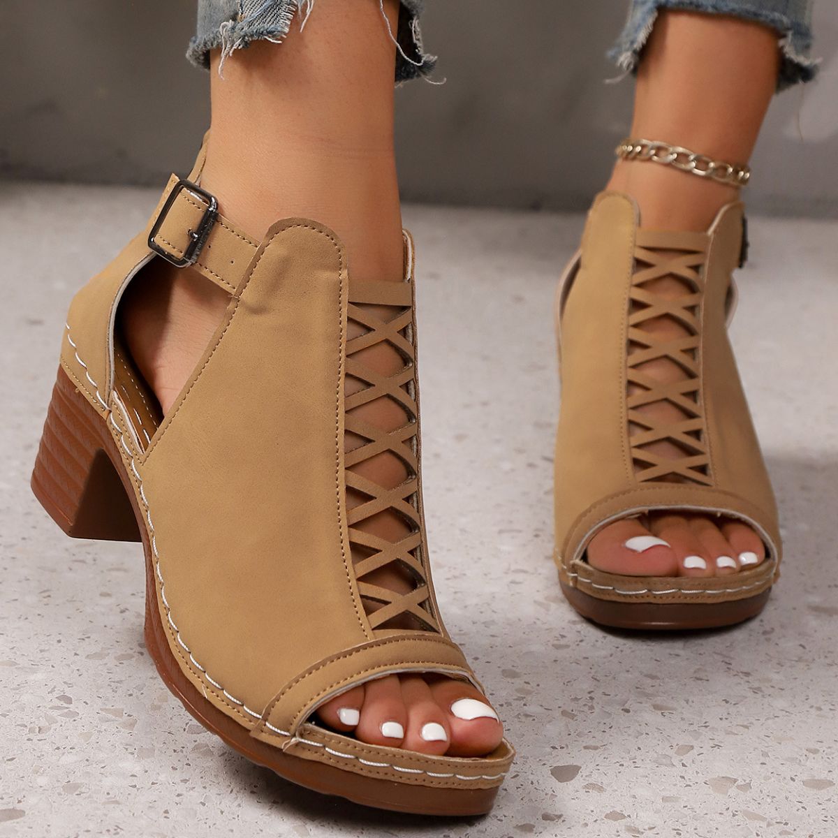 Open Toe Block Heels Sandals - Khaki - View 9