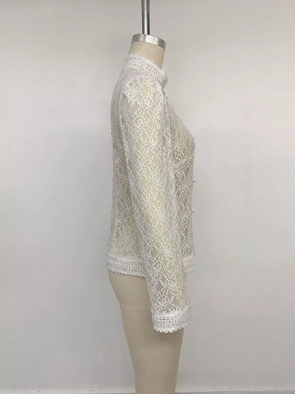 Lace Chinese Style Button Shirt - White - View 12
