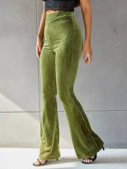 High-Waisted Ribbed Velvet Flare Pants - Matcha Green - View 5
