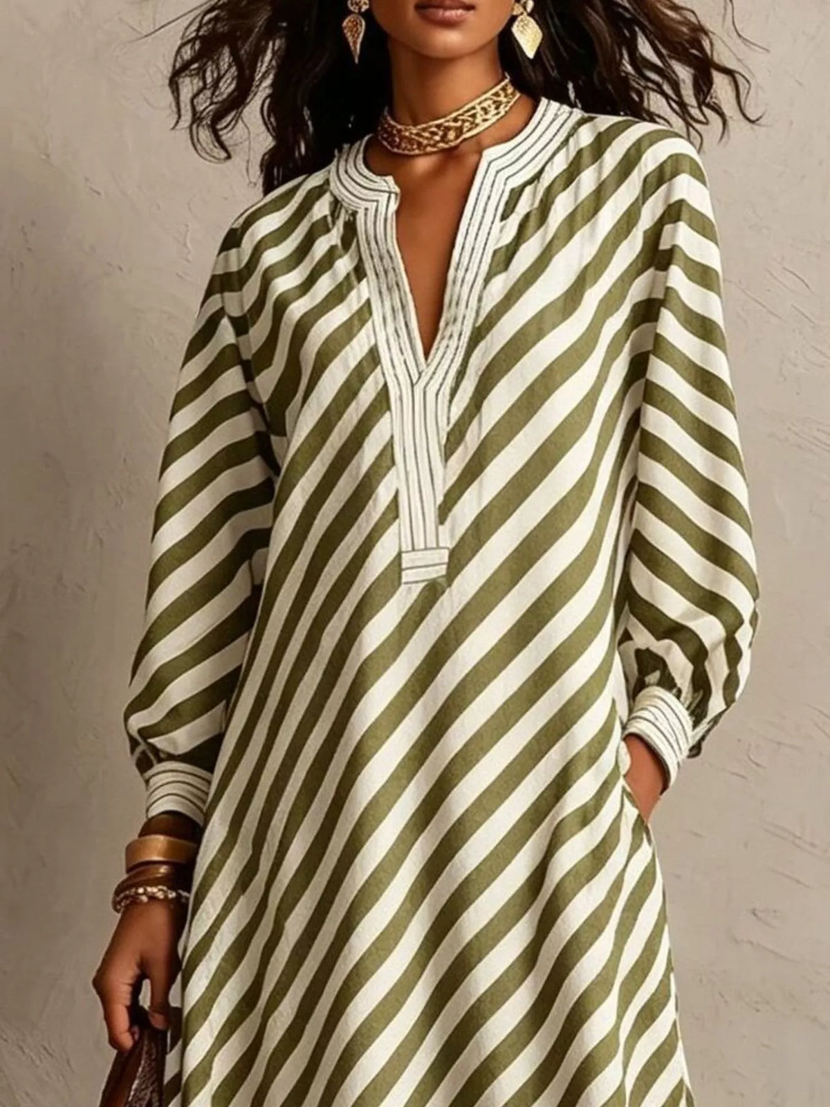 Striped Long Sleeves Maxi Dress - Sage - View 2