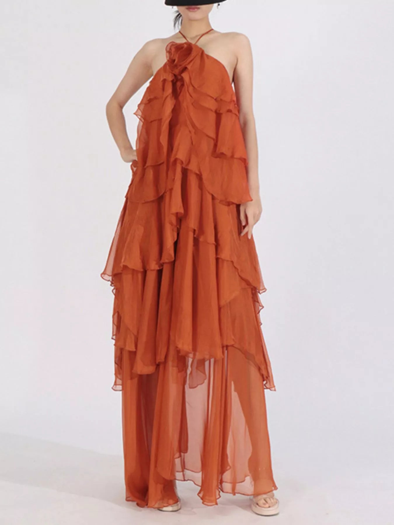 Ruffled Chiffon Halter Neck Maxi Dress - Orange - Styled Full Length Front View II