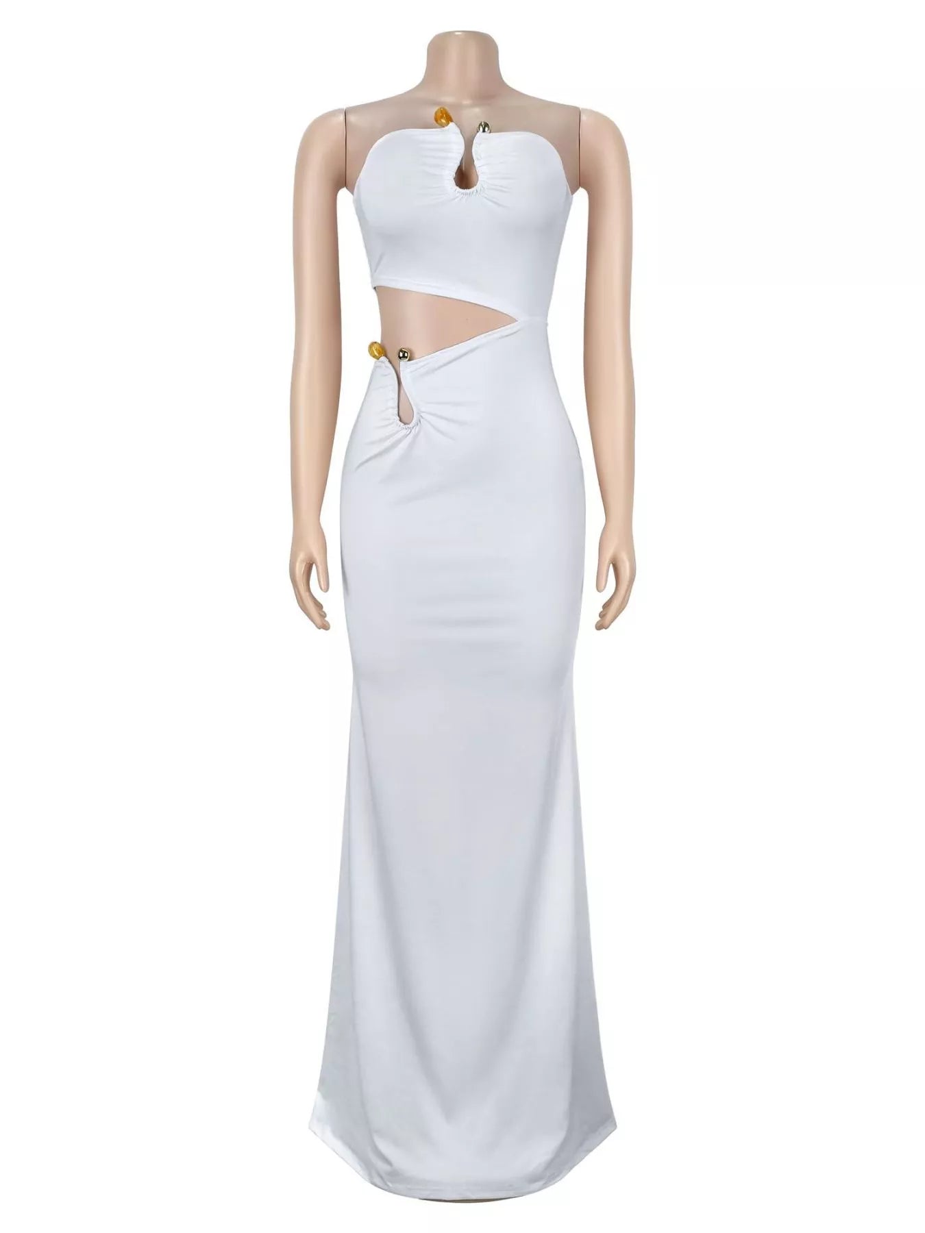 Strapless Cut-out Maxi Dress with Ruched Detail - White - Front Product View
