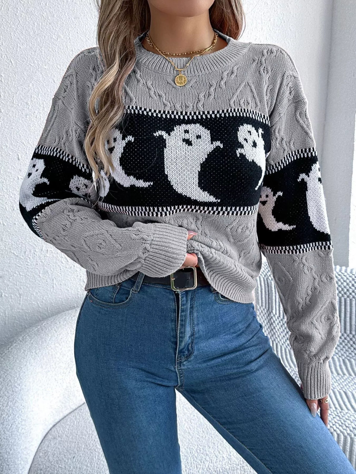 Halloween Ghost Pattern Textured Sweater - Orange - View 8
