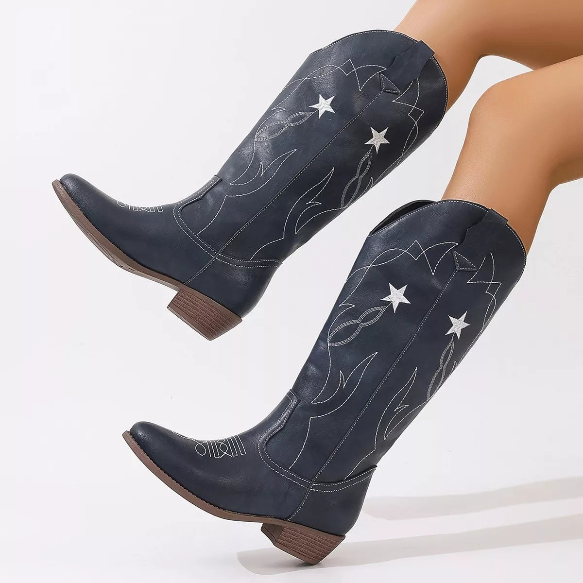 Western Star Embroidered Cowboy Boots - Navy Blue - View 4