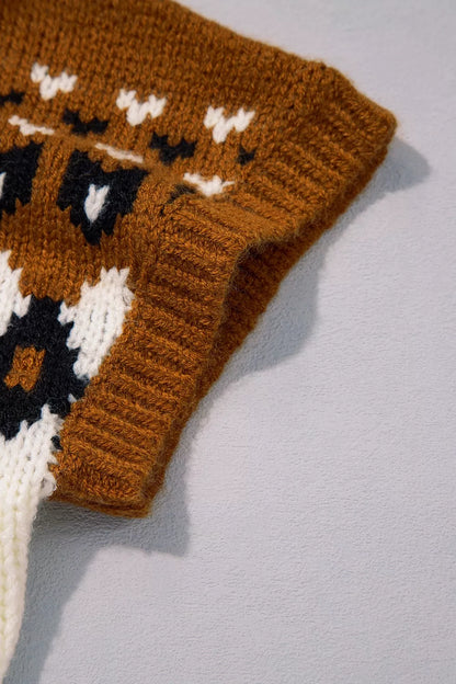 V Neck Short Sleeve Geometric Sweater - Brown - View 11