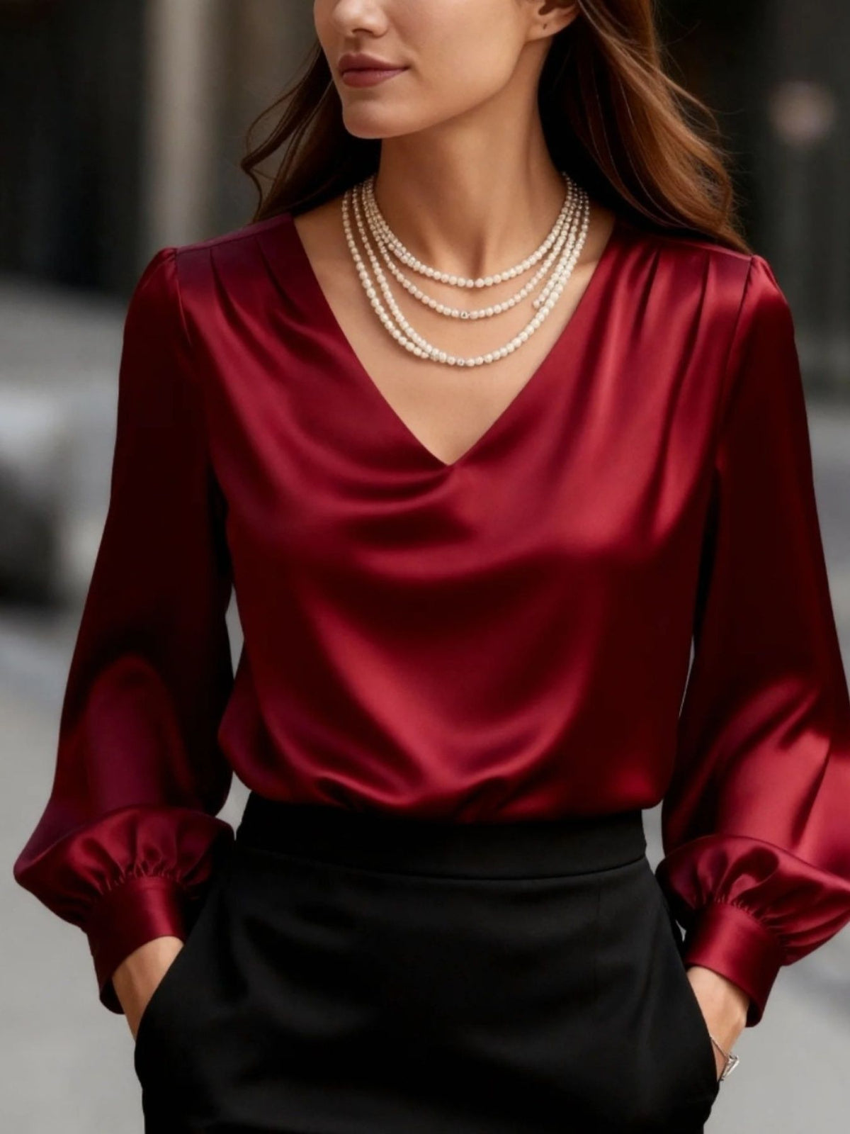 Satin V-Neck Long Sleeve Blouse - Red - View 5