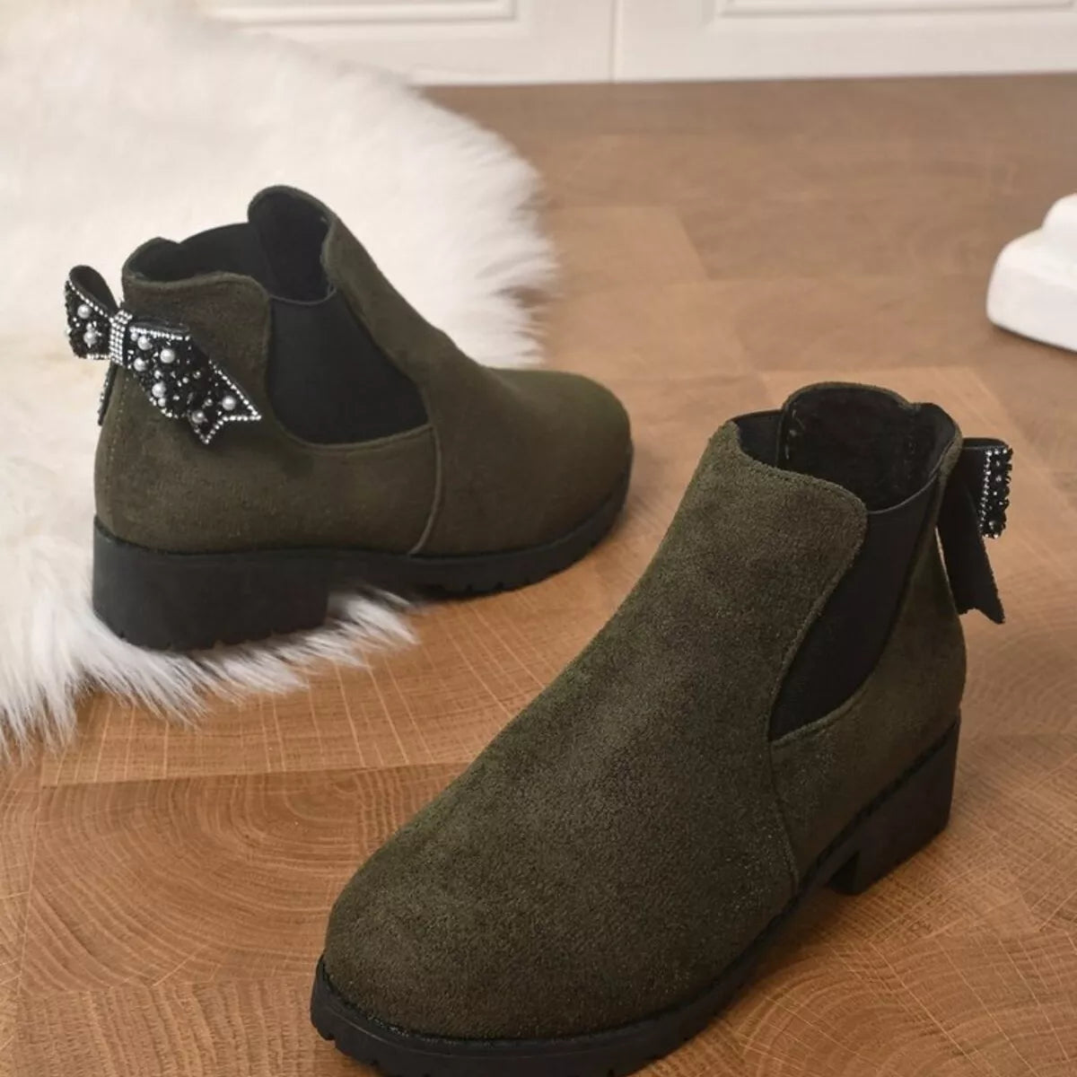 Round Toe Block Heels Boots - Army Green - View 4