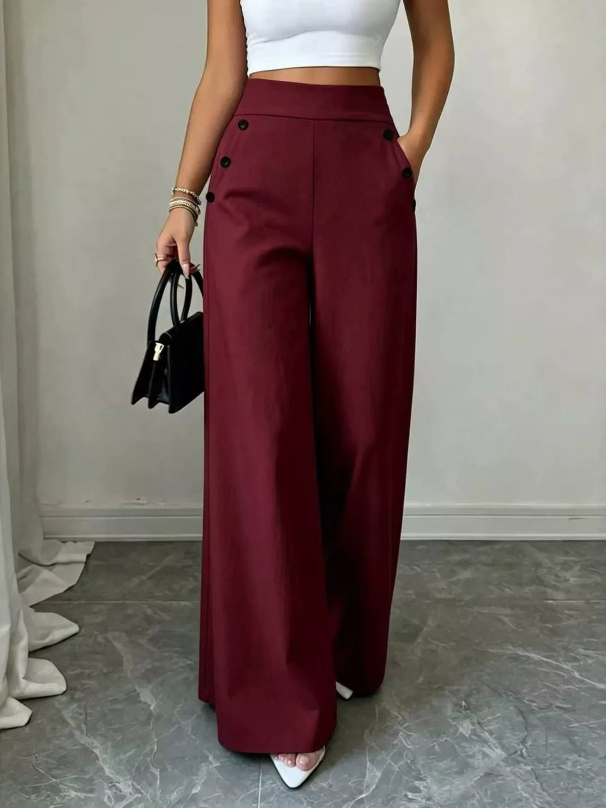 High-Waisted Wide-Leg Pants - Burgundy - View 7