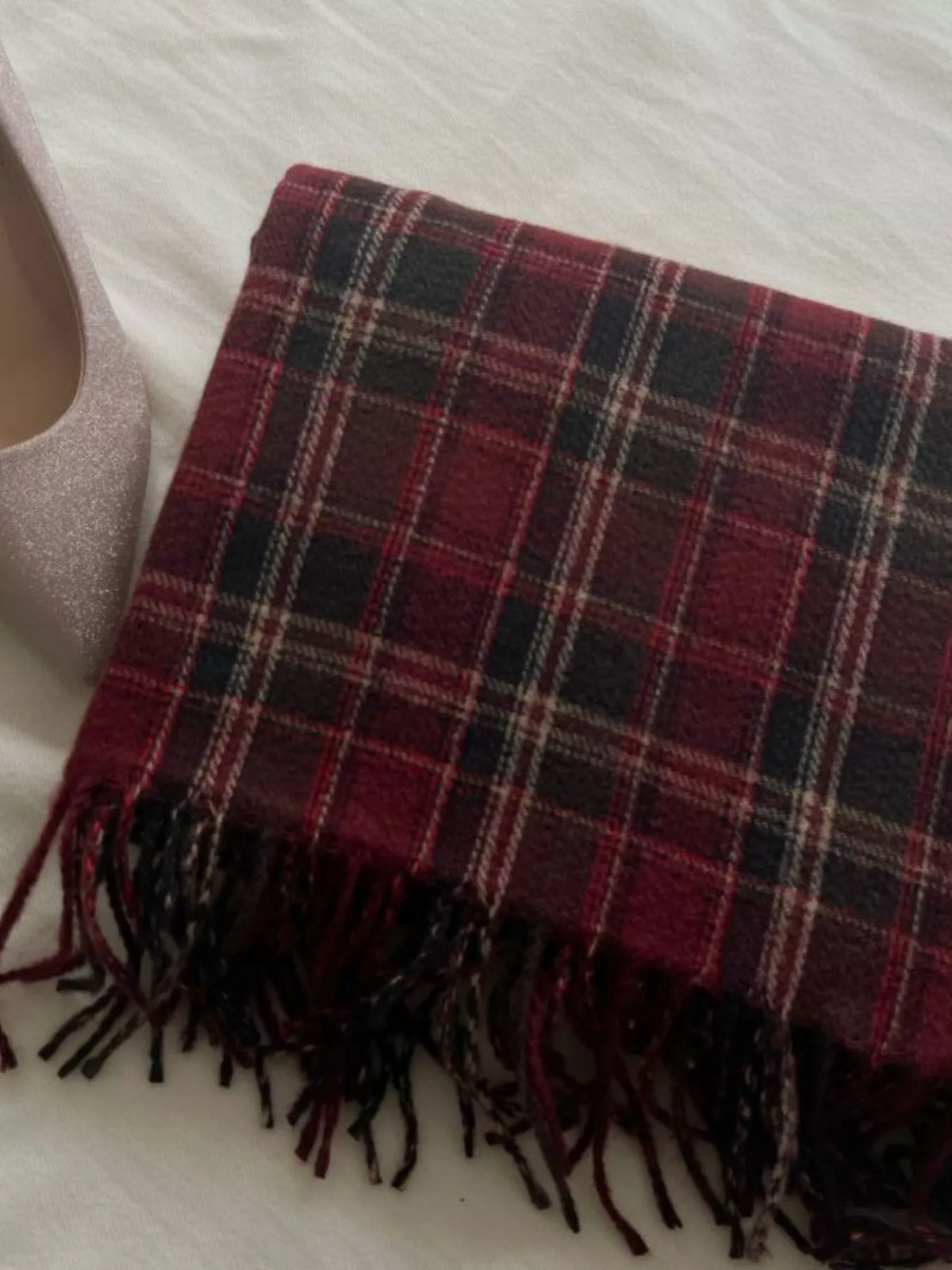 Classic Plaid Fringe Scarf - Burgundy - View 2