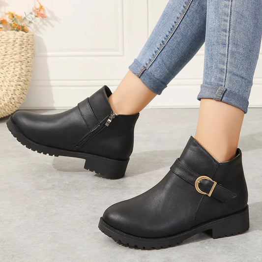 Round Toe Block Heels Boots - Black - View 1