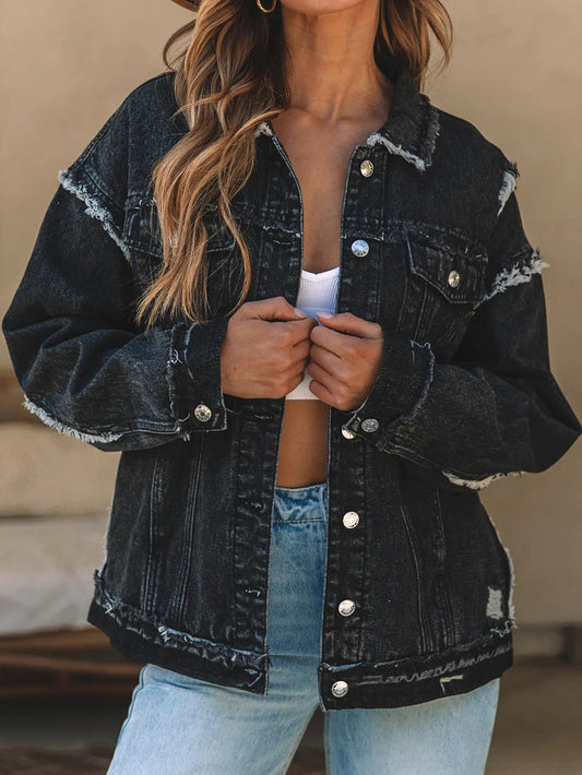 Button Up Raw Hem Distressed Denim Jacket - product photo 1