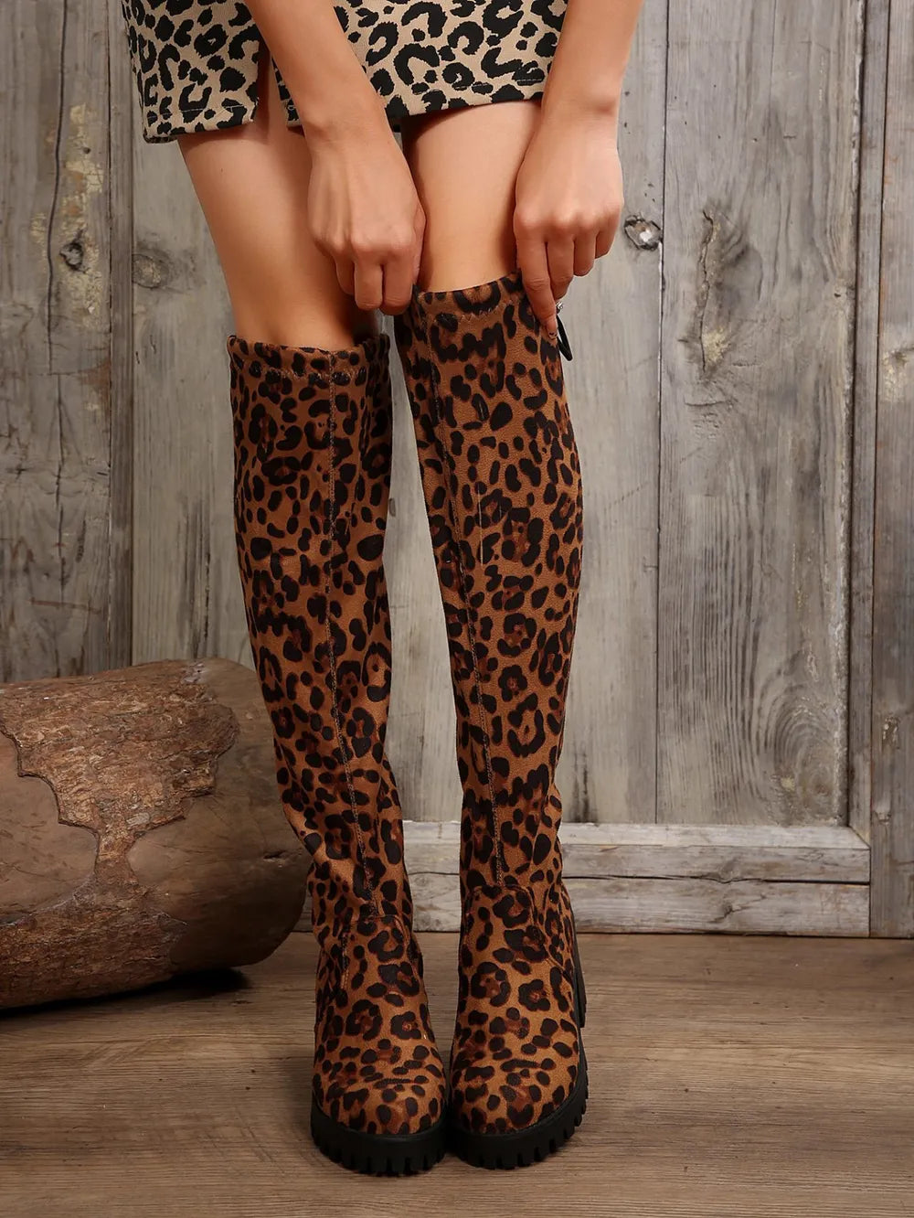 Leopard Round Toe Block Heel Boots - Leopard - View 5