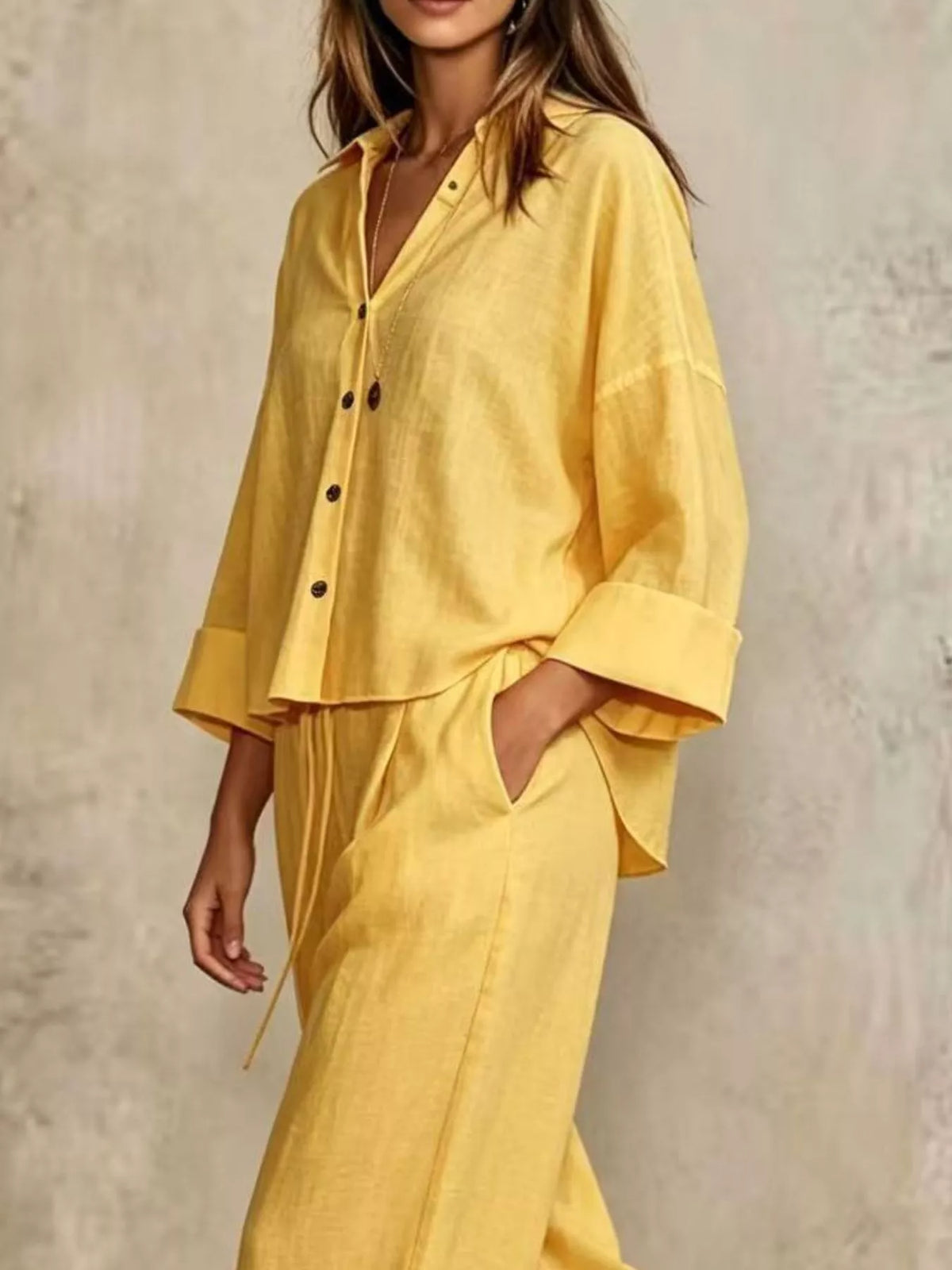 Full Size Button-Down Shirt and Wide-Leg Pants Set Plus Size - Yellow - View 8