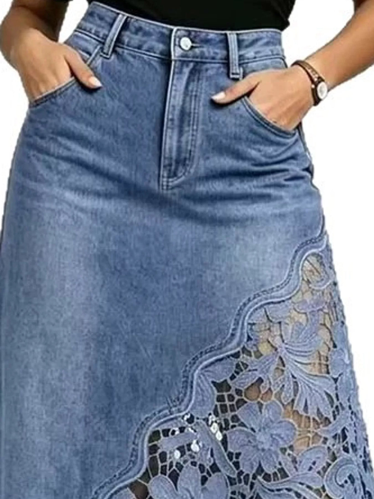 Full Size High-Waisted Lace Denim Skirt Plus Size - Light Blue - View 8