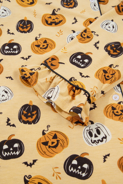 Orange Long Sleeve Ruffle Pumpkin Face Print Two Piece Lounge Set - product photo 13