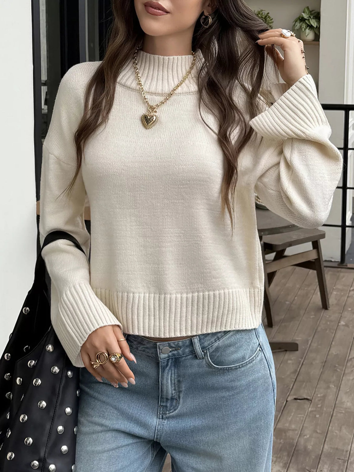 Mock Neck Dropped Shoulder Sweater - Beige - View 4