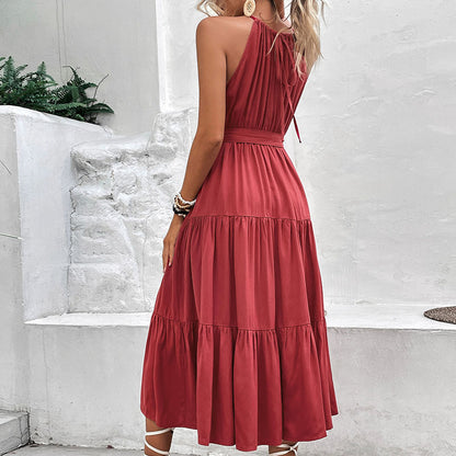 Perfee Tie Belt Tiered Midi Dress - Burgundy - View 2