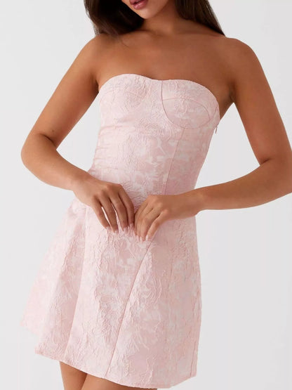 Lace Up Jacquard Tube Mini Dress - Pink - View 1