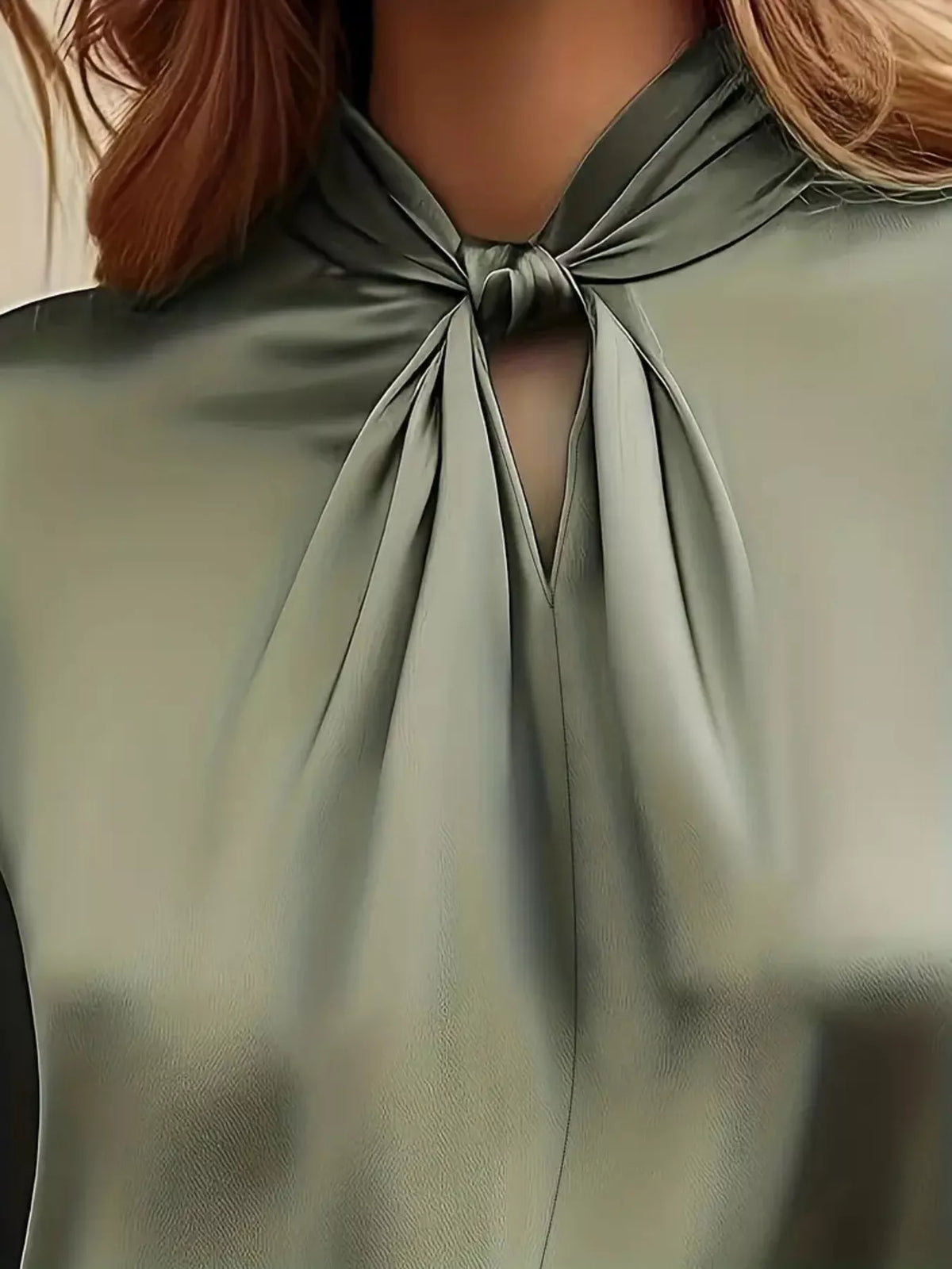 Satin Cutout Front Blouse - Olive - View 2