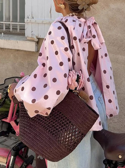 Polka Dot Open-Back Tied Blouse - Pink - View 5