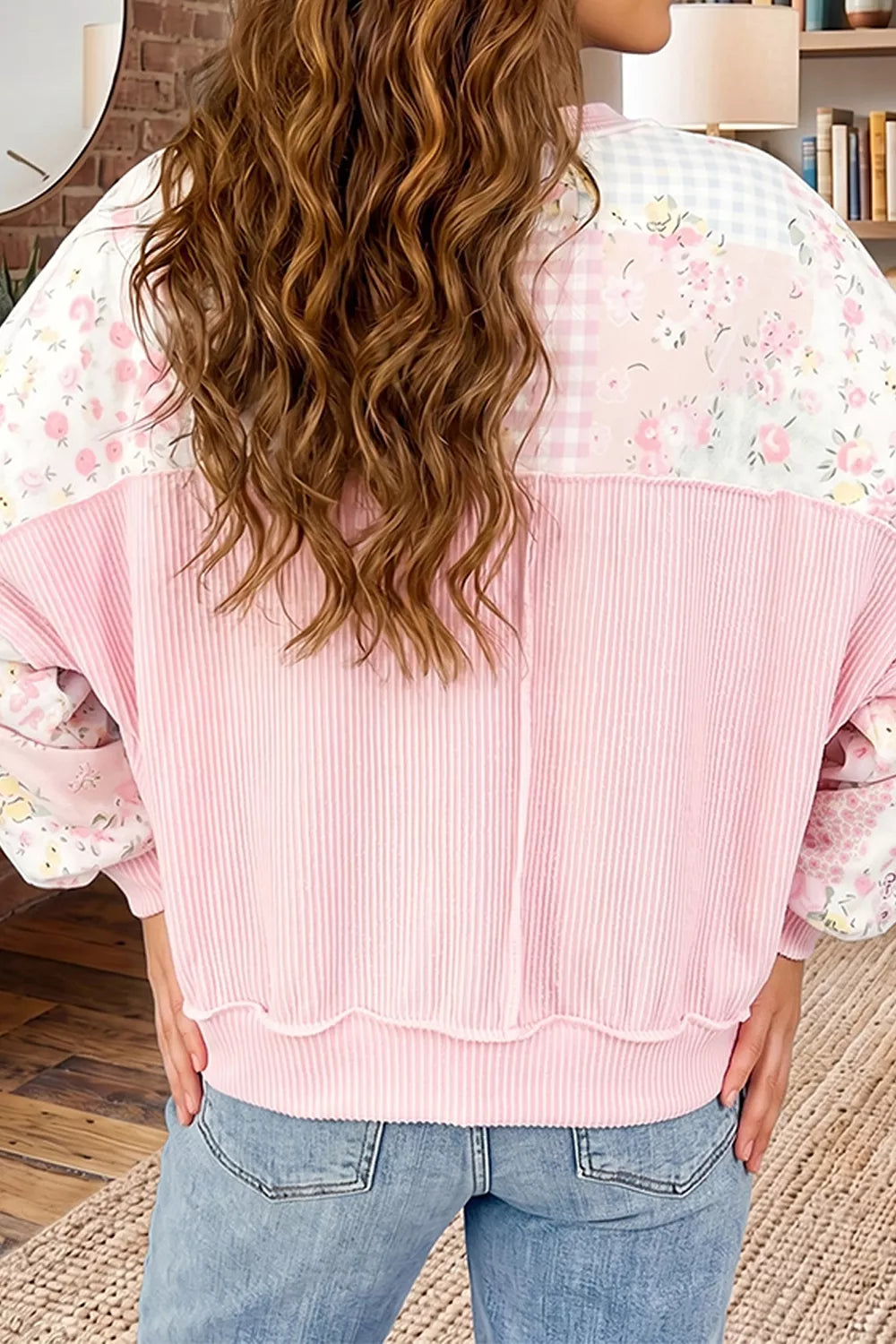 PRAY Graphic Floral Mixed Print Patchwork Top - Dusty Pink - View 2