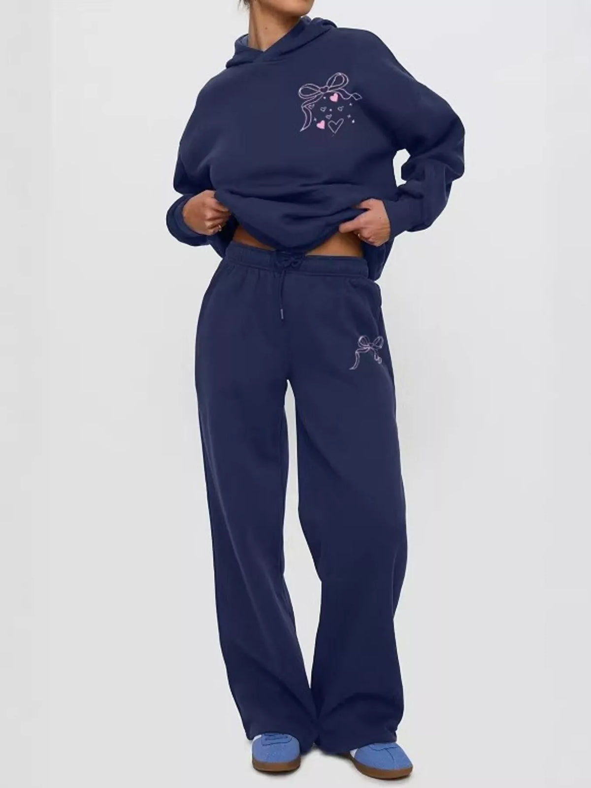 Bow and Heart Dropped Shoulder Hoodie and Pants Set - Blue - View 1