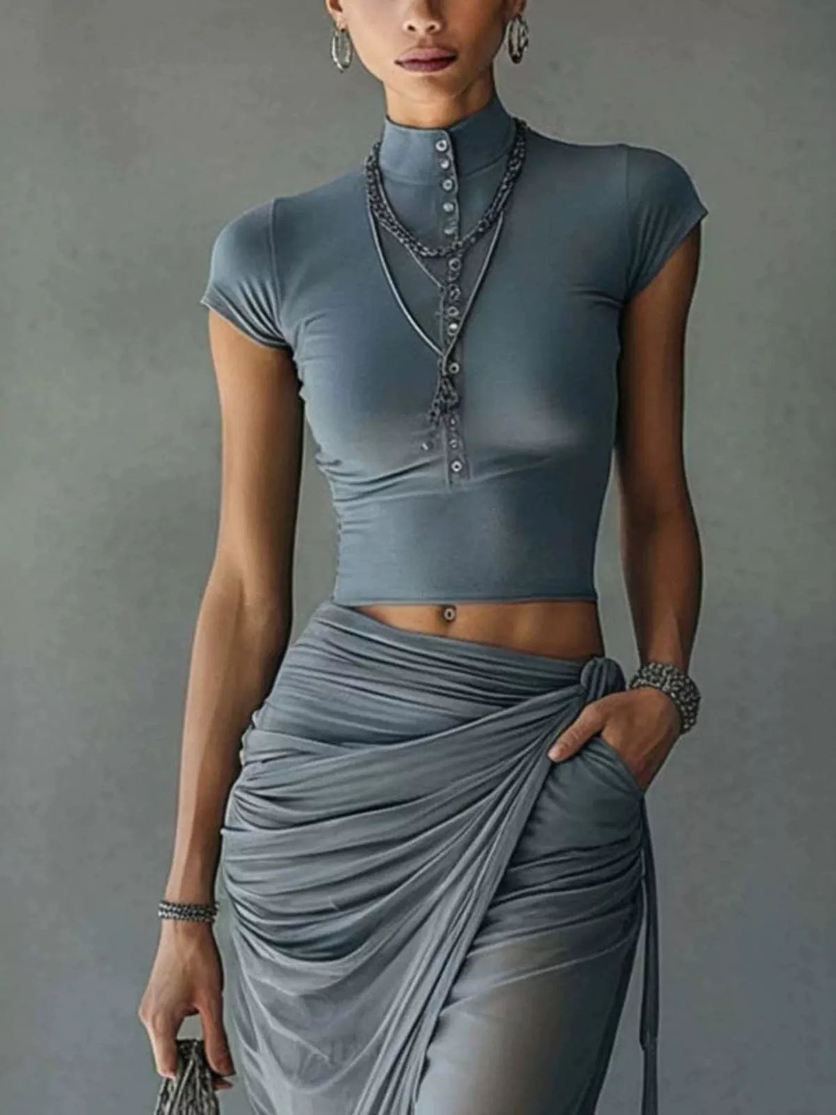Mock Neck Crop Top and Ruched Maxi Skirt Set - Air Force Blue - View 3
