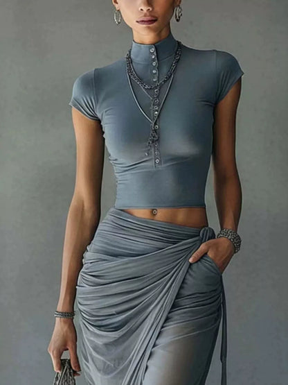 Mock Neck Crop Top and Ruched Maxi Skirt Set - Air Force Blue - View 3