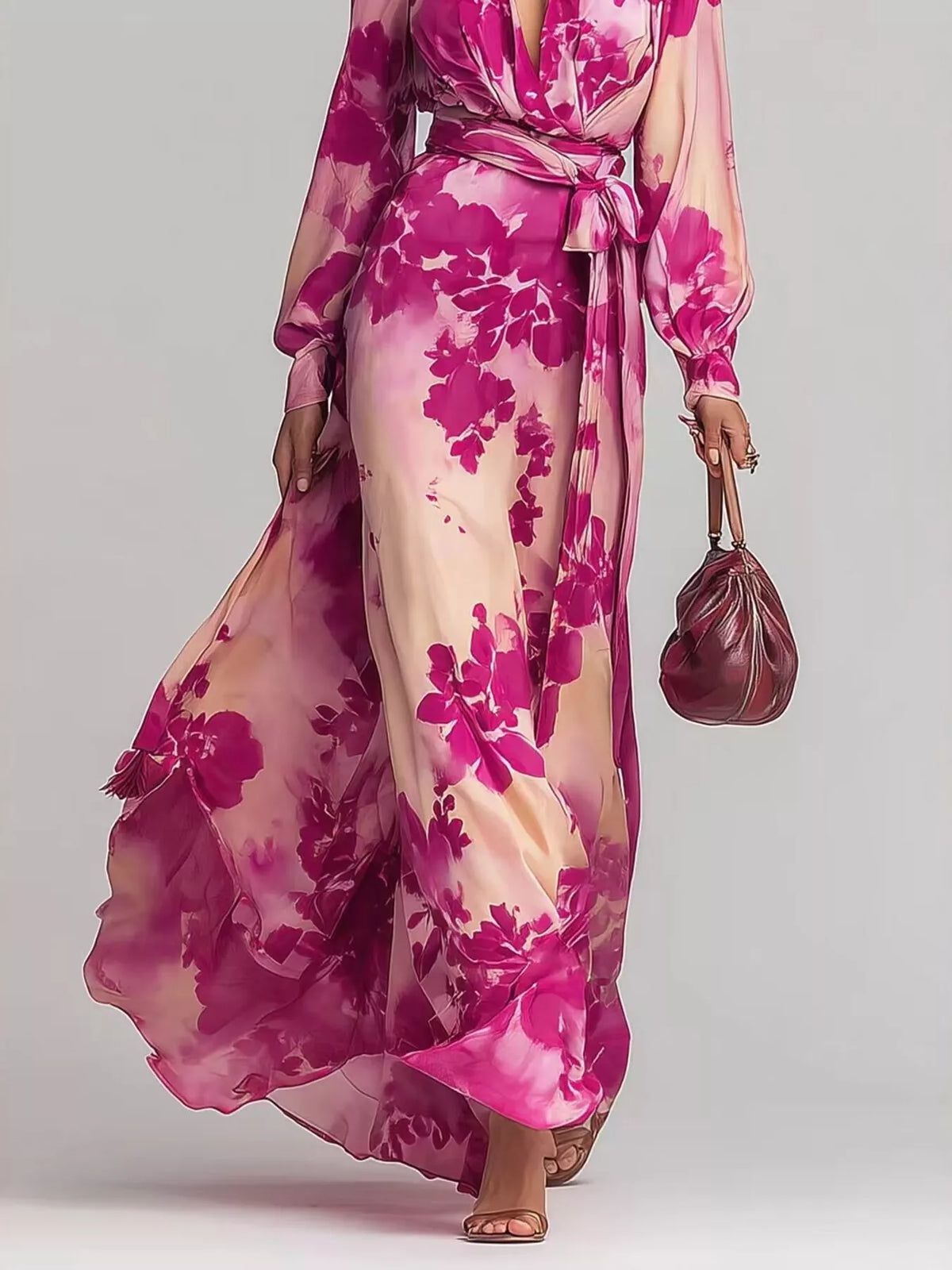 Floral Print Maxi Dress with Waist-Tie Detail - Hot Pink - View 4
