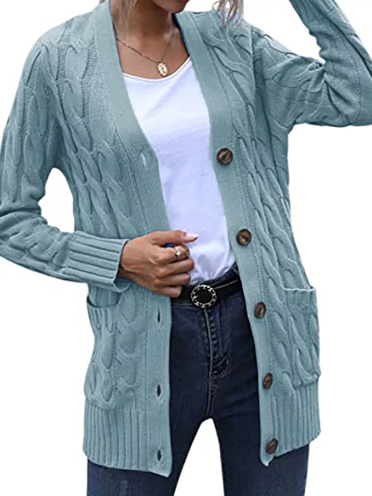 Full Size Chunky Cable Knit Button-Down Cardigan Plus Size - Light Blue - View 1