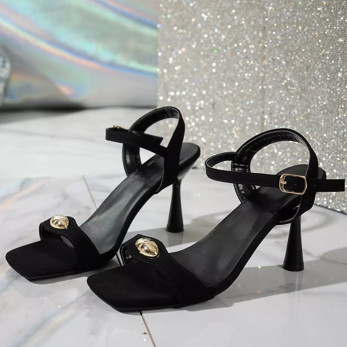 Open Toe Flare Heels Sandals - Black - View 7