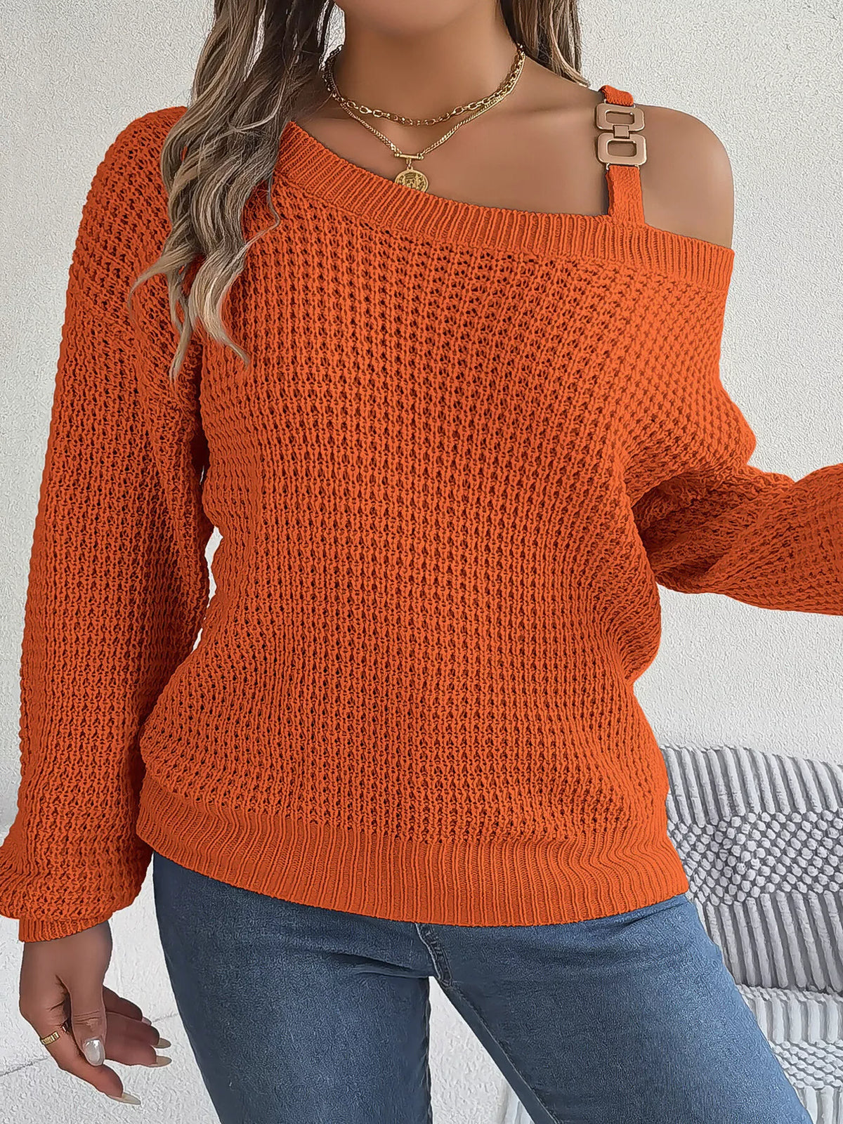 Asymmetrical Neck Long Sleeve Sweater - Orange - View 2