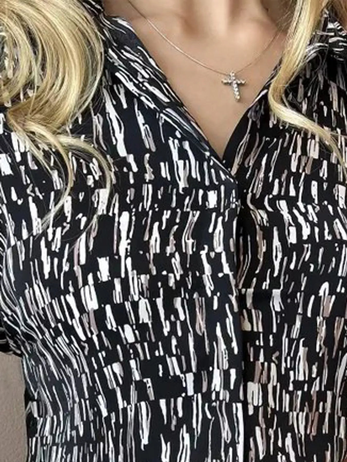 Button Up Long-Sleeve Shirt - Black-Square Print - View 36