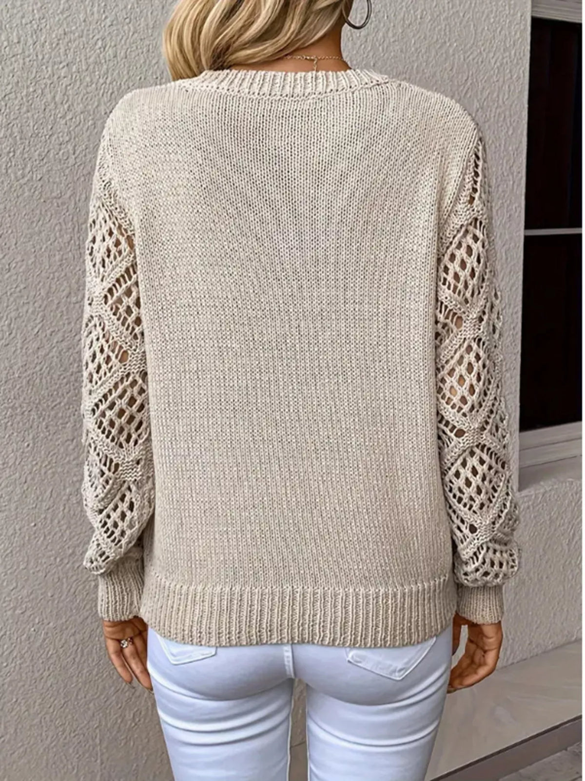 V-Neck Hollow-Out Sleeve Knit Sweater - Apricot - View 3