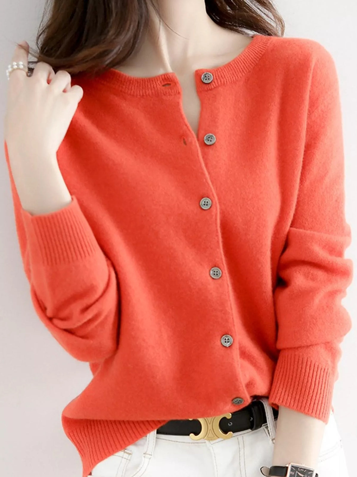 Crew-Neck Button-Down Cardigan - Orange Red - View 34
