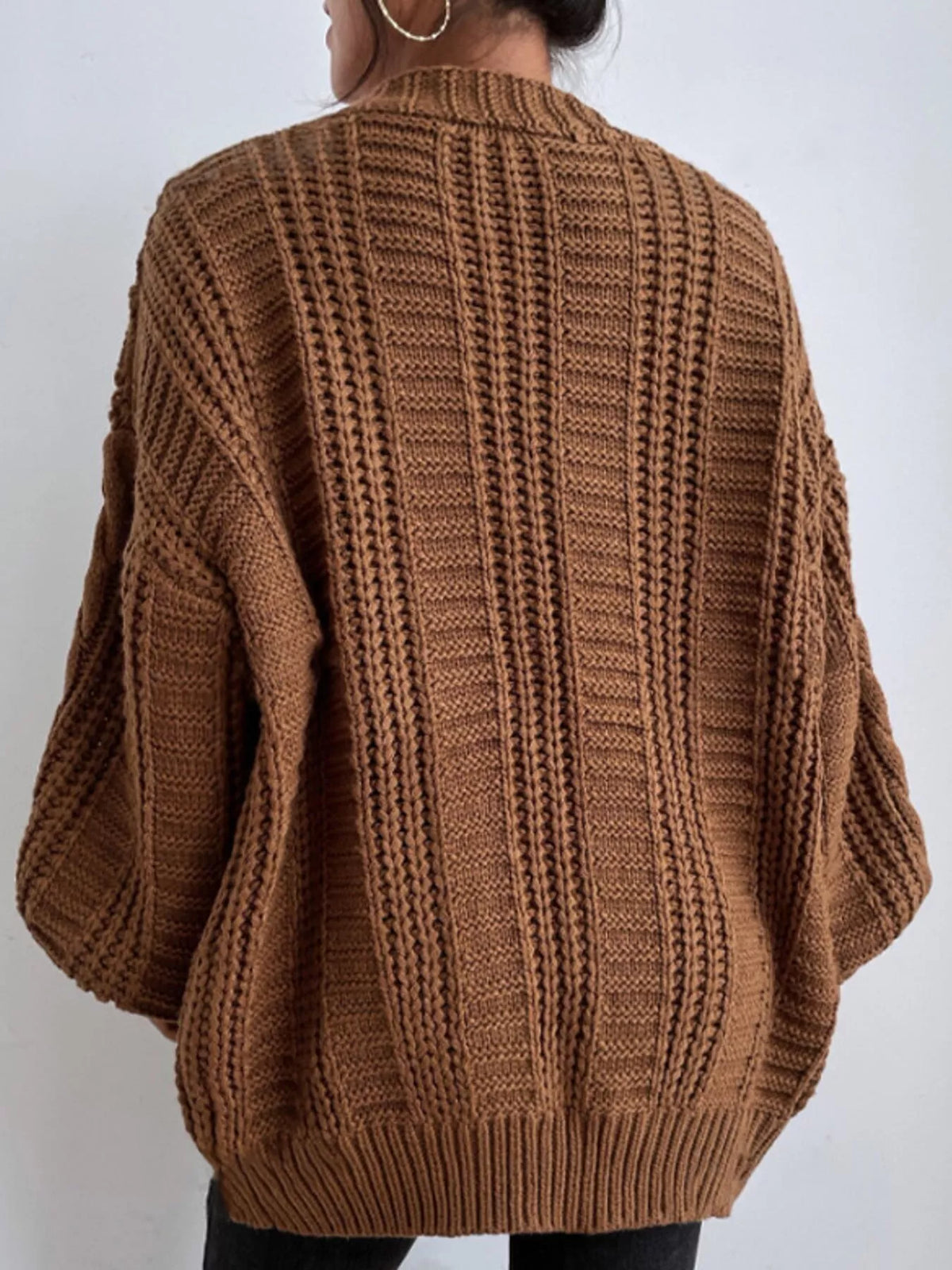 Cable Knit Button-Down Cardigan - Dark Brown - View 3