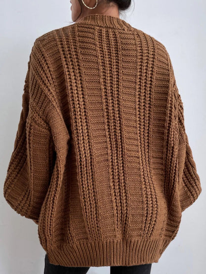 Cable Knit Button-Down Cardigan - Dark Brown - View 3