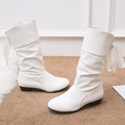 Round Toe Block Heels Boots - White - View 4